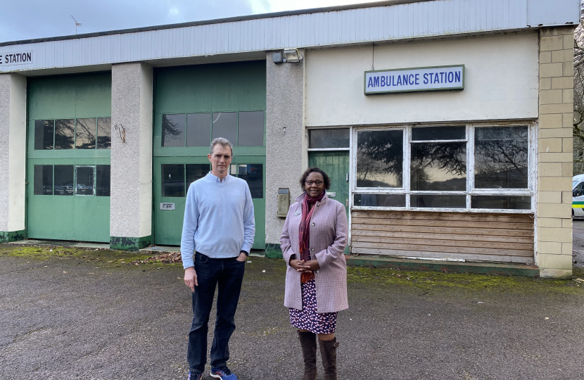 David Davies MP with Abbie Katsande, prospective Monmouthshire County Council candidate for Monmouth Town, at Monmouth ambulance station