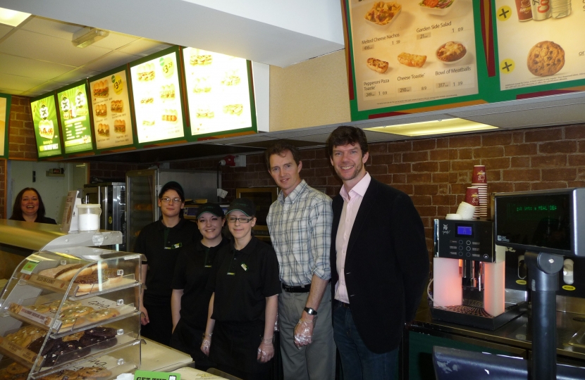 David and franchisee Chris Scott with staff at the Abergavenny Subway store 