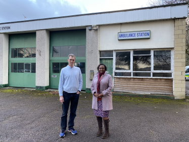David Davies MP with Abbie Katsande, prospective Monmouthshire County Council candidate for Monmouth Town, at Monmouth ambulance station